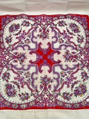 Christian Dior Floral Cotton Handkerchief Bandana Scarf Gold Accents ✨VINTAGE✨